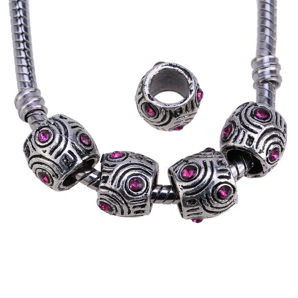 7414 Pink Crystal Beads, Silver Color Charms, Tibetan Spacer Beads